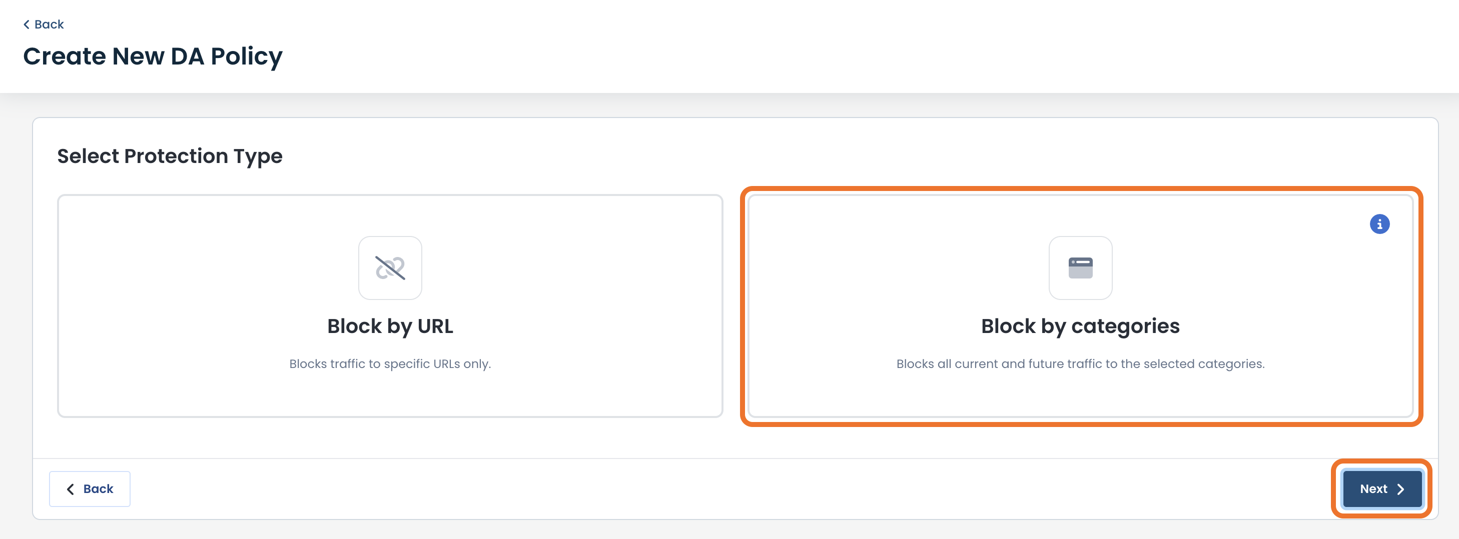 Options to create a new DA policy by blocking URLs or categories are displayed.